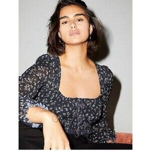 Free People Boho Floral Top Large Smocked Waist Long Sleeve Crop Blouse Black